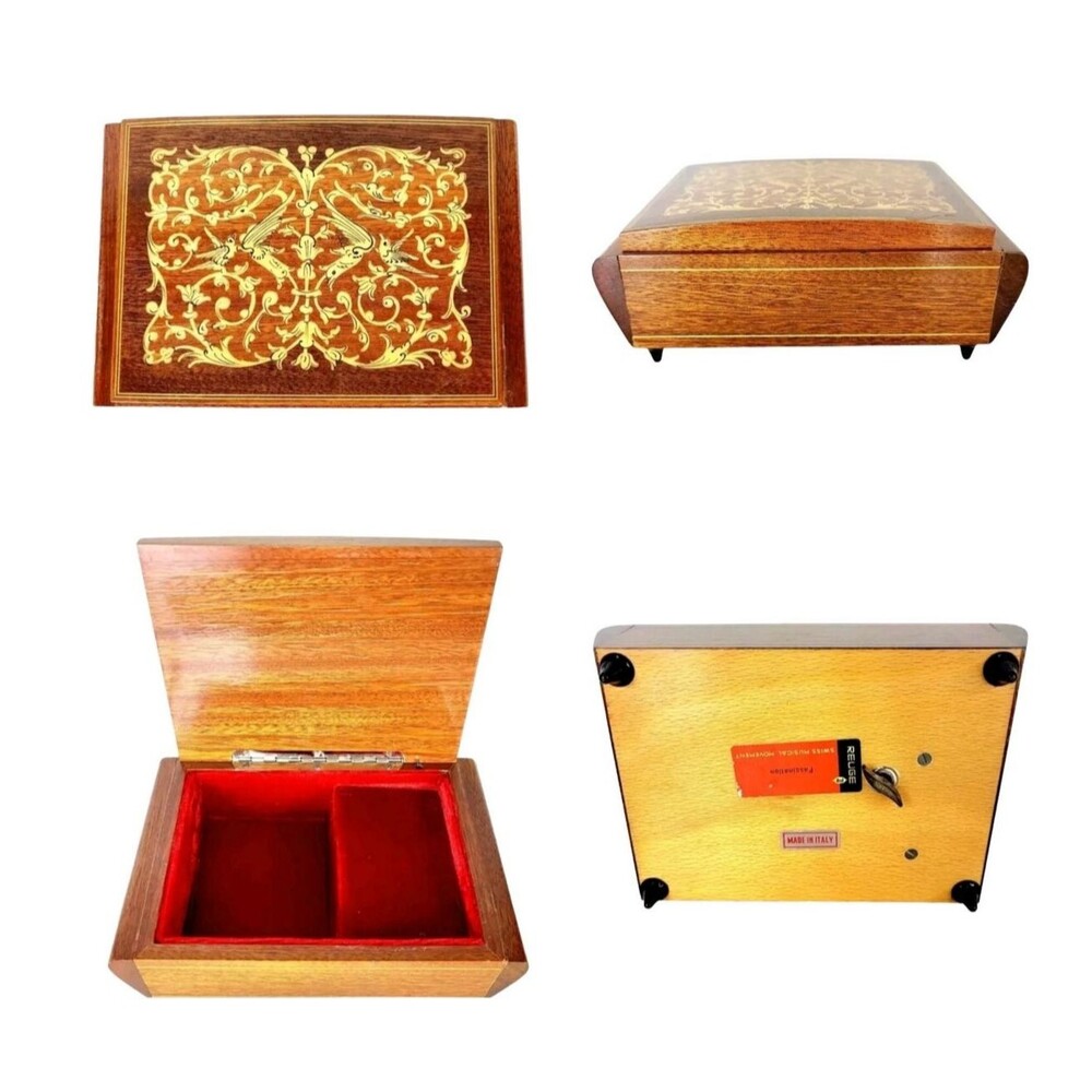 VTG Reuge "Fascination" Wood Inlaid Music Jewelry Box Velvet Lined Italy 7"x4.5"